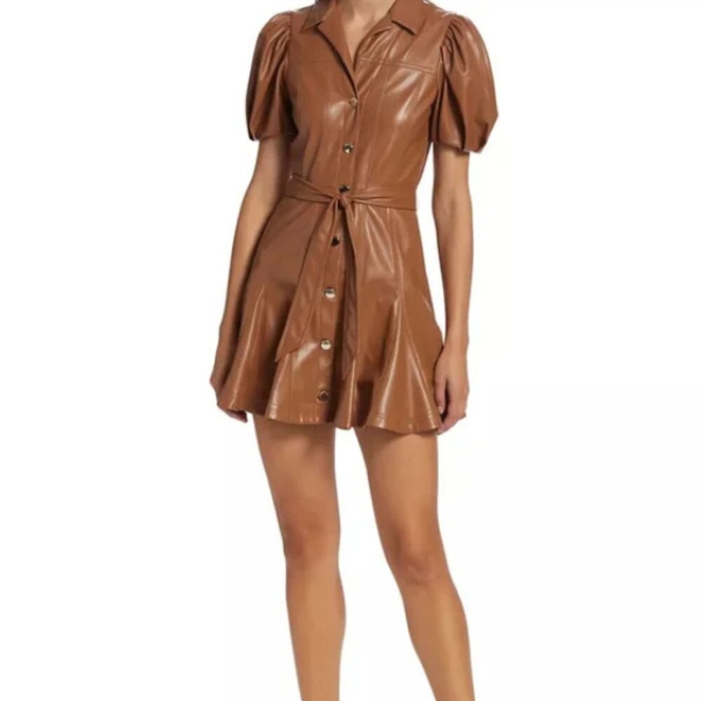 Alice + Olivia Brown Puff Sleeve Mini Dress Ofra Vegan Leather, Size 0